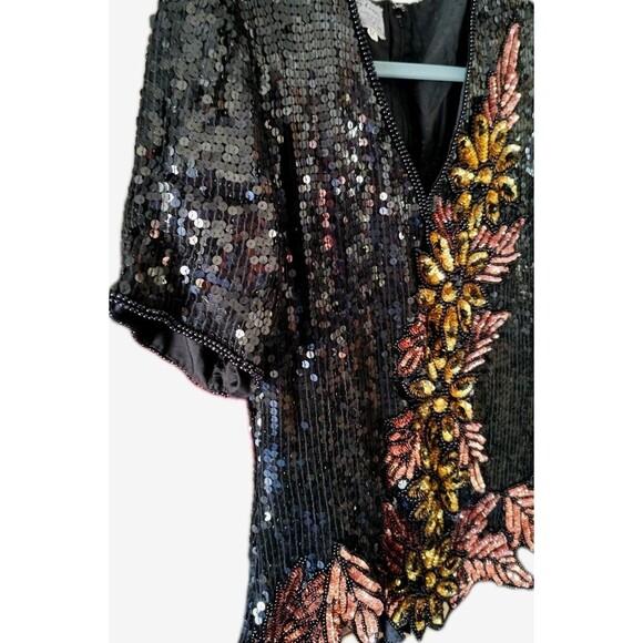 Stenay Vintage Silk Sequin Beaded Floral Leaf Black & Gold Size M - Picture 6 of 8